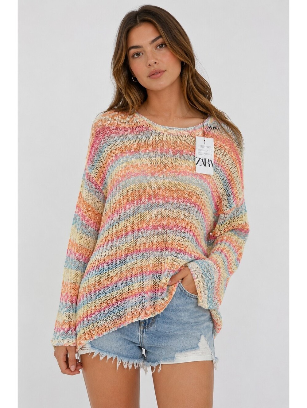 ZARA NWT XL Multicolor Striped Open Knit Cotton Blend Sweater